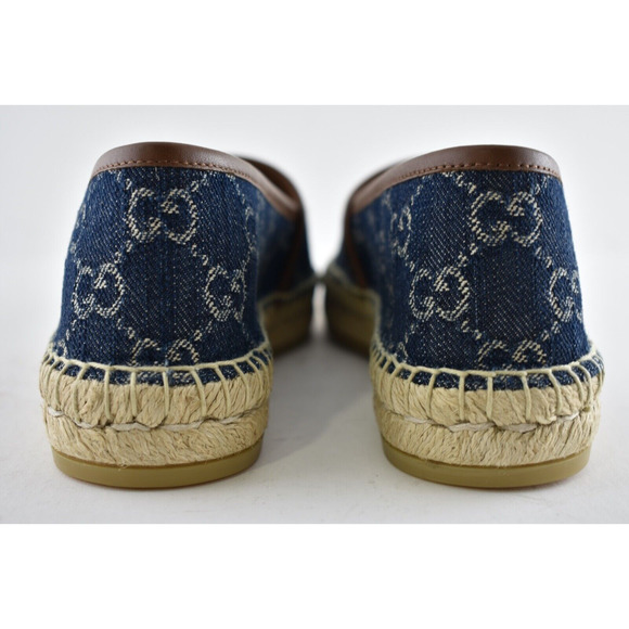 Gucci Jacquard Denim Blue Tea Brown Leather Ivory GG Logo Flat Espadrilles 36 - Picture 6 of 11